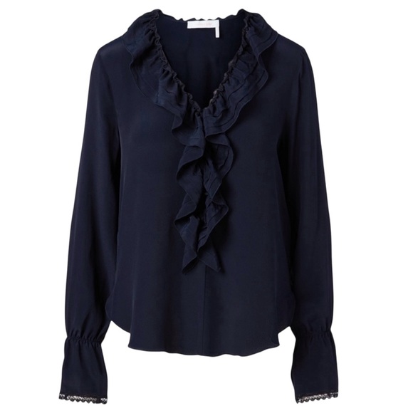 See By Chloe Tops - See by Chloe Ruffled V-Neck Blouse silk blend navy blue excellent condition